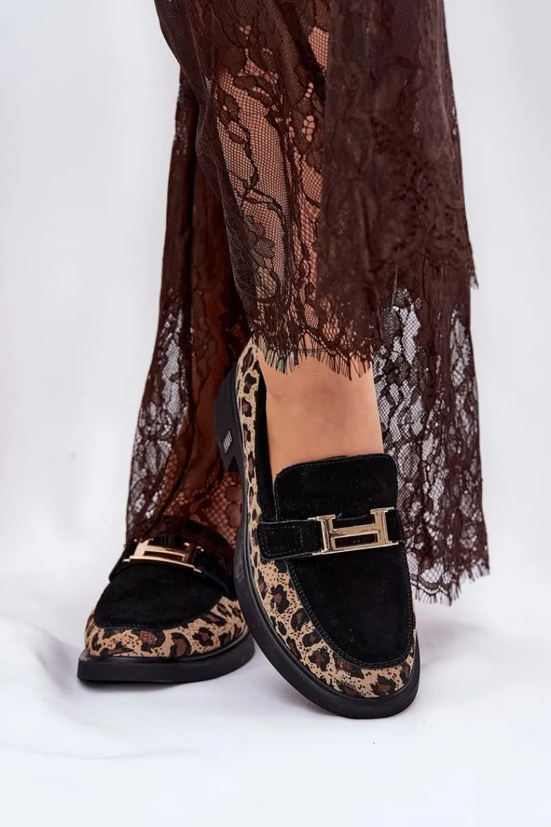 Loafersy Damskie|Mokasyny Płaskie>Buty damskie Vinceza Zamszowe Mokasyny Damskie Panterka Vinceza 66791 Czarne Czarny