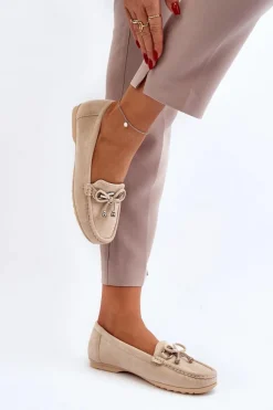 Hot Boto Zamszowe Mokasyny Damskie Ozdobą Beżowe Daphikaia