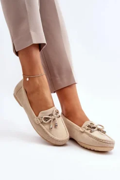 Hot Boto Zamszowe Mokasyny Damskie Ozdobą Beżowe Daphikaia