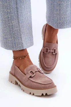 Loafersy Damskie|Mokasyny Płaskie>Damskie buty S.Barski Zamszowe Mokasyny Damskie Z Ozdobą D&A TW117 Różowe Różowy