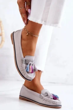 Loafersy Damskie|Mokasyny Damskie Zamszowe>Evento Zamszowe Mokasyny Damskie Z Frędzlami Szare Laressa
