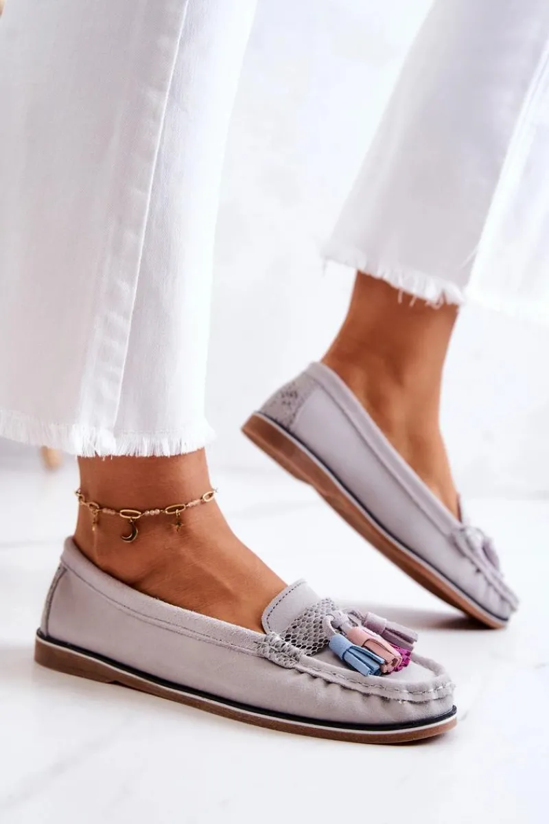 Loafersy Damskie|Mokasyny Damskie Zamszowe>Evento Zamszowe Mokasyny Damskie Z Frędzlami Szare Laressa