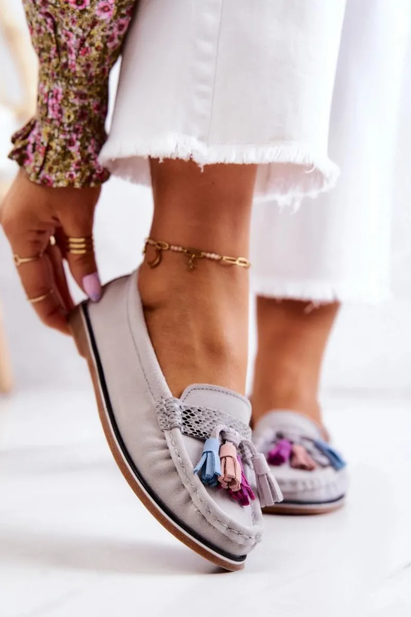 Loafersy Damskie|Mokasyny Damskie Zamszowe>Evento Zamszowe Mokasyny Damskie Z Frędzlami Szare Laressa