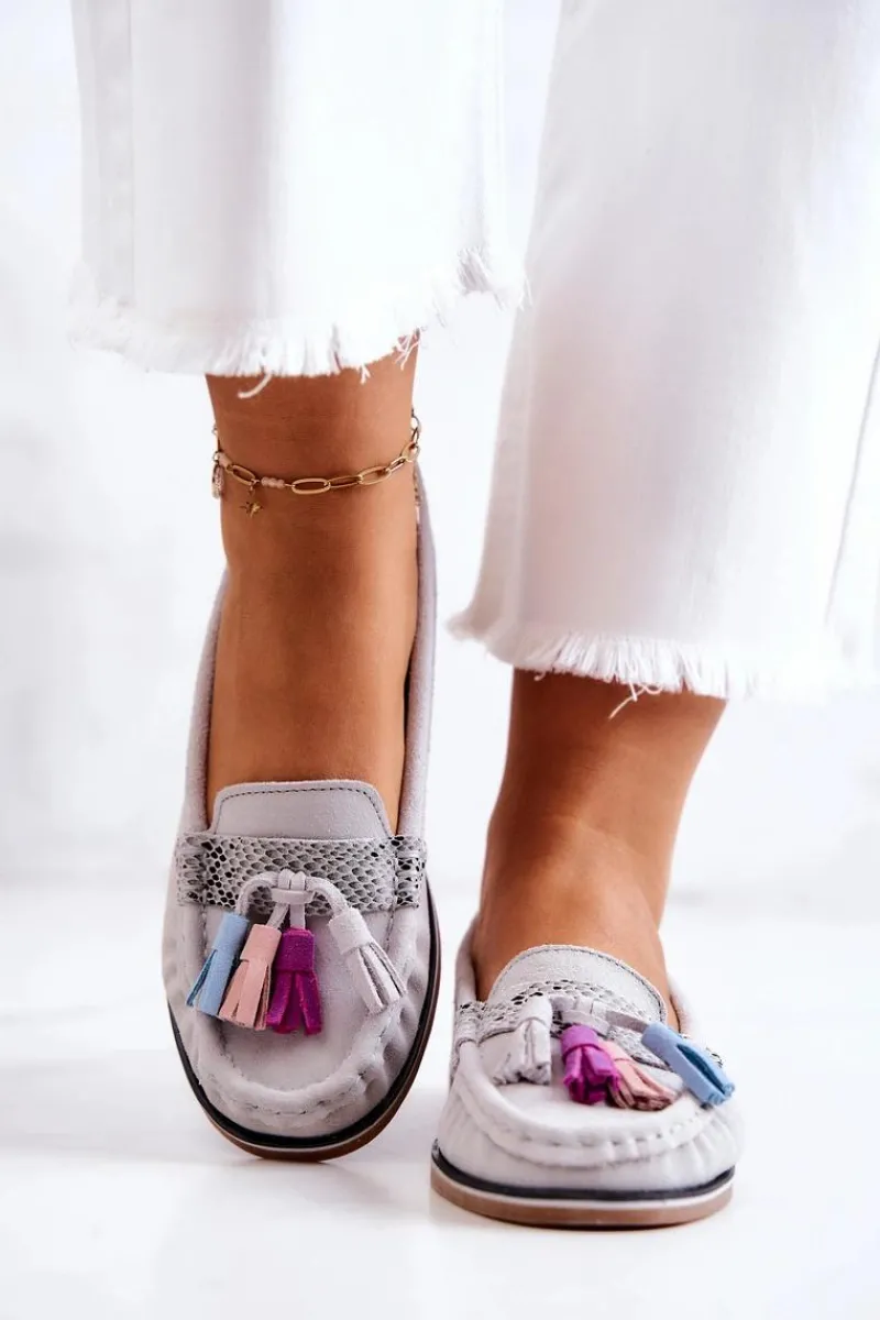 Loafersy Damskie|Mokasyny Damskie Zamszowe>Evento Zamszowe Mokasyny Damskie Z Frędzlami Szare Laressa