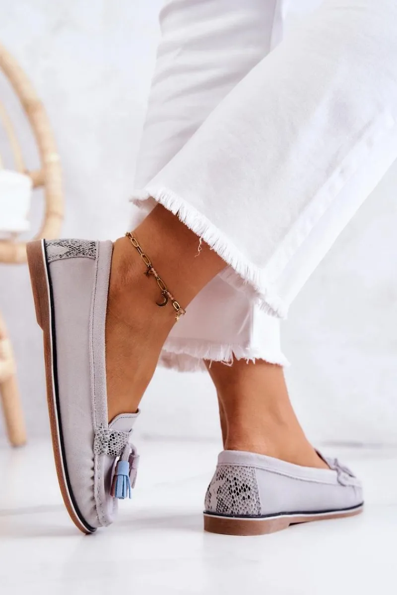 Loafersy Damskie|Mokasyny Damskie Zamszowe>Evento Zamszowe Mokasyny Damskie Z Frędzlami Szare Laressa