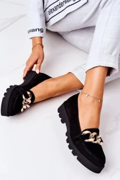 Outlet Zamszowe Mokasyny Lewski Shoes 3040 Czarne Damskie Mokasyny Damskie Zamszowe