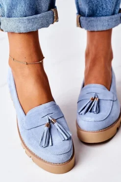 Best Zamszowe Mokasyny Lewski Shoes 3053 Błękitne Damskie Mokasyny Damskie Zamszowe