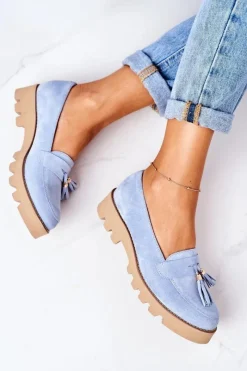 Best Zamszowe Mokasyny Lewski Shoes 3053 Błękitne Damskie Mokasyny Damskie Zamszowe
