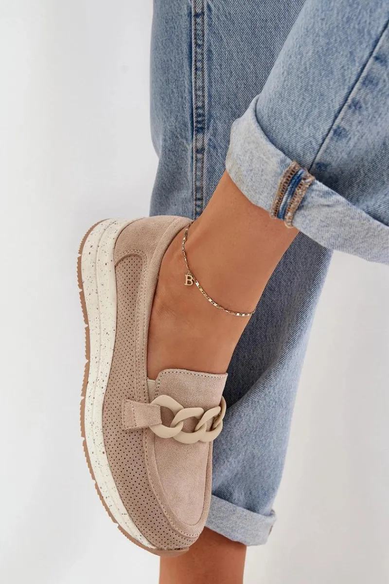 Loafersy Damskie|Mokasyny Damskie Zamszowe>Damskie buty S.Barski Zamszowe Mokasyny Na Platformie Z Łańcuchem D&A TW552 Beżowe