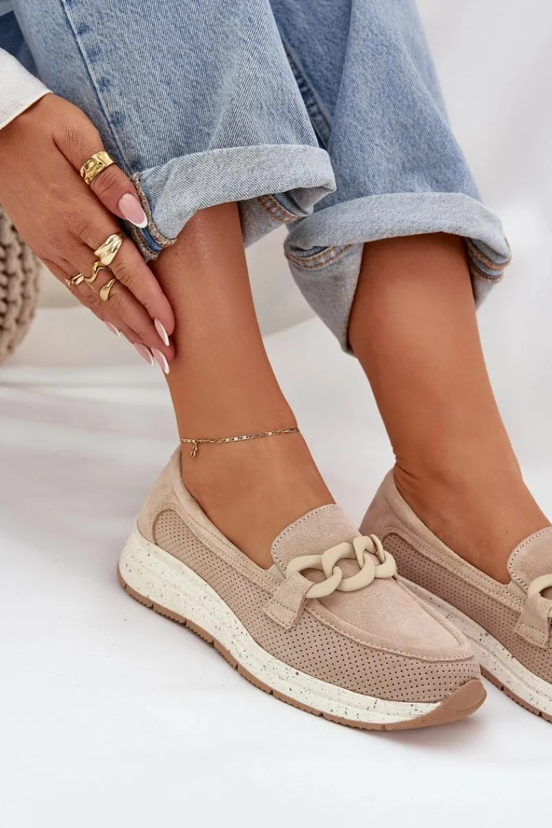 Loafersy Damskie|Mokasyny Damskie Zamszowe>Damskie buty S.Barski Zamszowe Mokasyny Na Platformie Z Łańcuchem D&A TW552 Beżowe