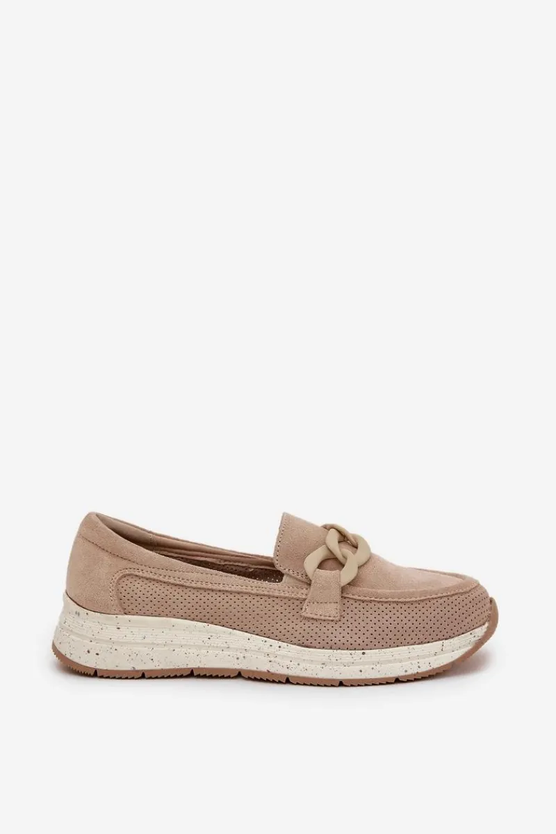 Loafersy Damskie|Mokasyny Damskie Zamszowe>Damskie buty S.Barski Zamszowe Mokasyny Na Platformie Z Łańcuchem D&A TW552 Beżowe