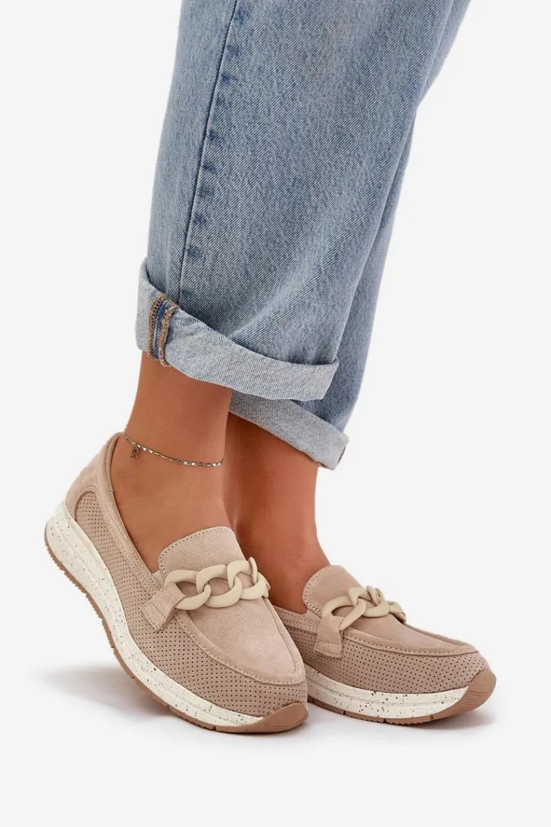 Loafersy Damskie|Mokasyny Damskie Zamszowe>Damskie buty S.Barski Zamszowe Mokasyny Na Platformie Z Łańcuchem D&A TW552 Beżowe