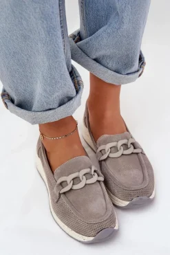 Loafersy Damskie|Mokasyny Damskie Zamszowe>Damskie buty S.Barski Zamszowe Mokasyny Na Platformie Z Łańcuchem D&A TW552 Szare