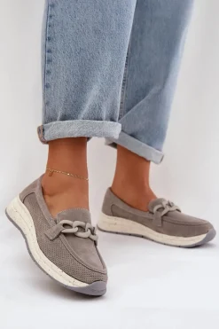 Loafersy Damskie|Mokasyny Damskie Zamszowe>Damskie buty S.Barski Zamszowe Mokasyny Na Platformie Z Łańcuchem D&A TW552 Szare