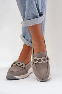 Loafersy Damskie|Mokasyny Damskie Zamszowe></noscript>Damskie buty S.Barski Zamszowe Mokasyny Na Platformie Z Łańcuchem D&A TW552 Szare