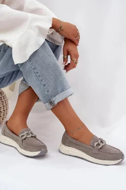 Loafersy Damskie|Mokasyny Damskie Zamszowe></noscript>Damskie buty S.Barski Zamszowe Mokasyny Na Platformie Z Łańcuchem D&A TW552 Szare