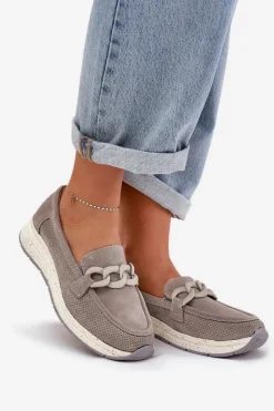 Loafersy Damskie|Mokasyny Damskie Zamszowe></noscript>Damskie buty S.Barski Zamszowe Mokasyny Na Platformie Z Łańcuchem D&A TW552 Szare