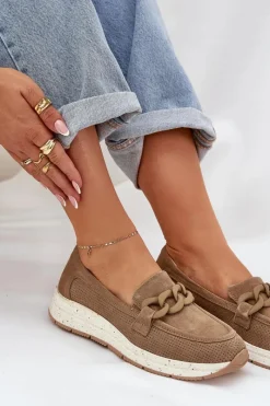 Clearance Damskie buty S.Barski Zamszowe Mokasyny Na Platformie Z Łańcuchem D&A TW552 Brązowe