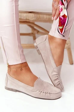 Discount Zamszowe Mokasyny Sergio Leone MK722 Beżowe Damskie Mokasyny Damskie Zamszowe