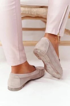 Discount Zamszowe Mokasyny Sergio Leone MK722 Beżowe Damskie Mokasyny Damskie Zamszowe