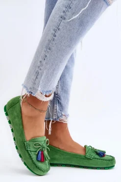 Best Zamszowe Mokasyny Z Kokardą I Frędzlami Zielone Dorine Damskie Loafersy Damskie|Mokasyny Damskie Zamszowe
