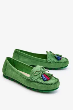 Best Zamszowe Mokasyny Z Kokardą I Frędzlami Zielone Dorine Damskie Loafersy Damskie|Mokasyny Damskie Zamszowe