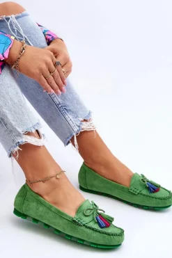 Best Zamszowe Mokasyny Z Kokardą I Frędzlami Zielone Dorine Damskie Loafersy Damskie|Mokasyny Damskie Zamszowe