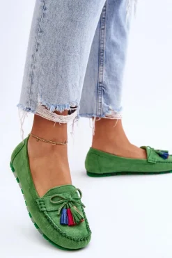 Best Zamszowe Mokasyny Z Kokardą I Frędzlami Zielone Dorine Damskie Loafersy Damskie|Mokasyny Damskie Zamszowe