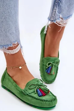 Best Zamszowe Mokasyny Z Kokardą I Frędzlami Zielone Dorine Damskie Loafersy Damskie|Mokasyny Damskie Zamszowe