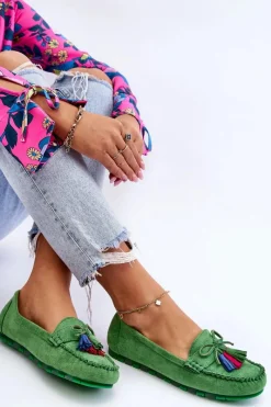 Best Zamszowe Mokasyny Z Kokardą I Frędzlami Zielone Dorine Damskie Loafersy Damskie|Mokasyny Damskie Zamszowe