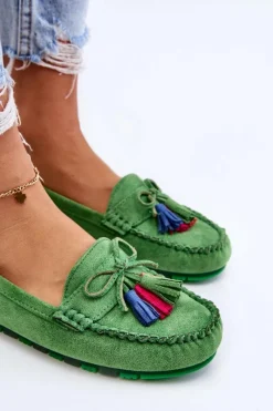 Best Zamszowe Mokasyny Z Kokardą I Frędzlami Zielone Dorine Damskie Loafersy Damskie|Mokasyny Damskie Zamszowe