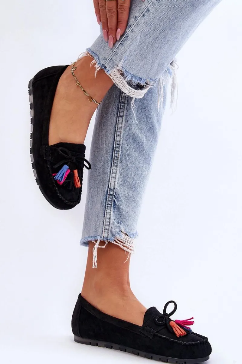 Online Zamszowe Mokasyny Z Kokardą I Frędzlami Czarne Dorine Damskie Loafersy Damskie|Mokasyny Damskie Zamszowe