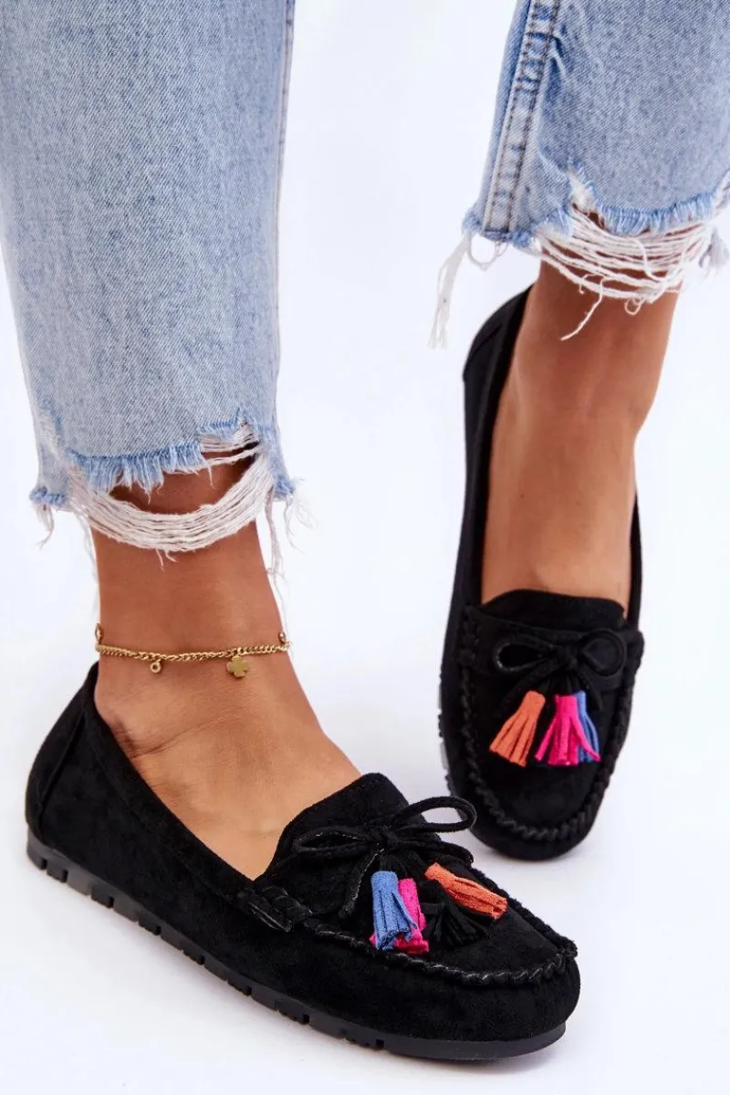 Online Zamszowe Mokasyny Z Kokardą I Frędzlami Czarne Dorine Damskie Loafersy Damskie|Mokasyny Damskie Zamszowe