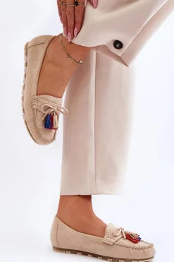 Clearance Zamszowe Mokasyny Z Kokardą I Frędzlami Beżowe Dorine Damskie Loafersy Damskie|Mokasyny Damskie Zamszowe