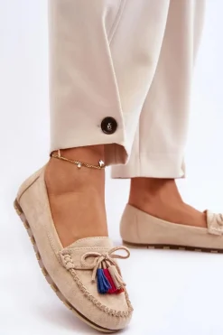 Clearance Zamszowe Mokasyny Z Kokardą I Frędzlami Beżowe Dorine Damskie Loafersy Damskie|Mokasyny Damskie Zamszowe