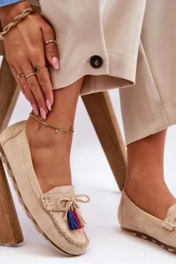 Clearance Zamszowe Mokasyny Z Kokardą I Frędzlami Beżowe Dorine Damskie Loafersy Damskie|Mokasyny Damskie Zamszowe