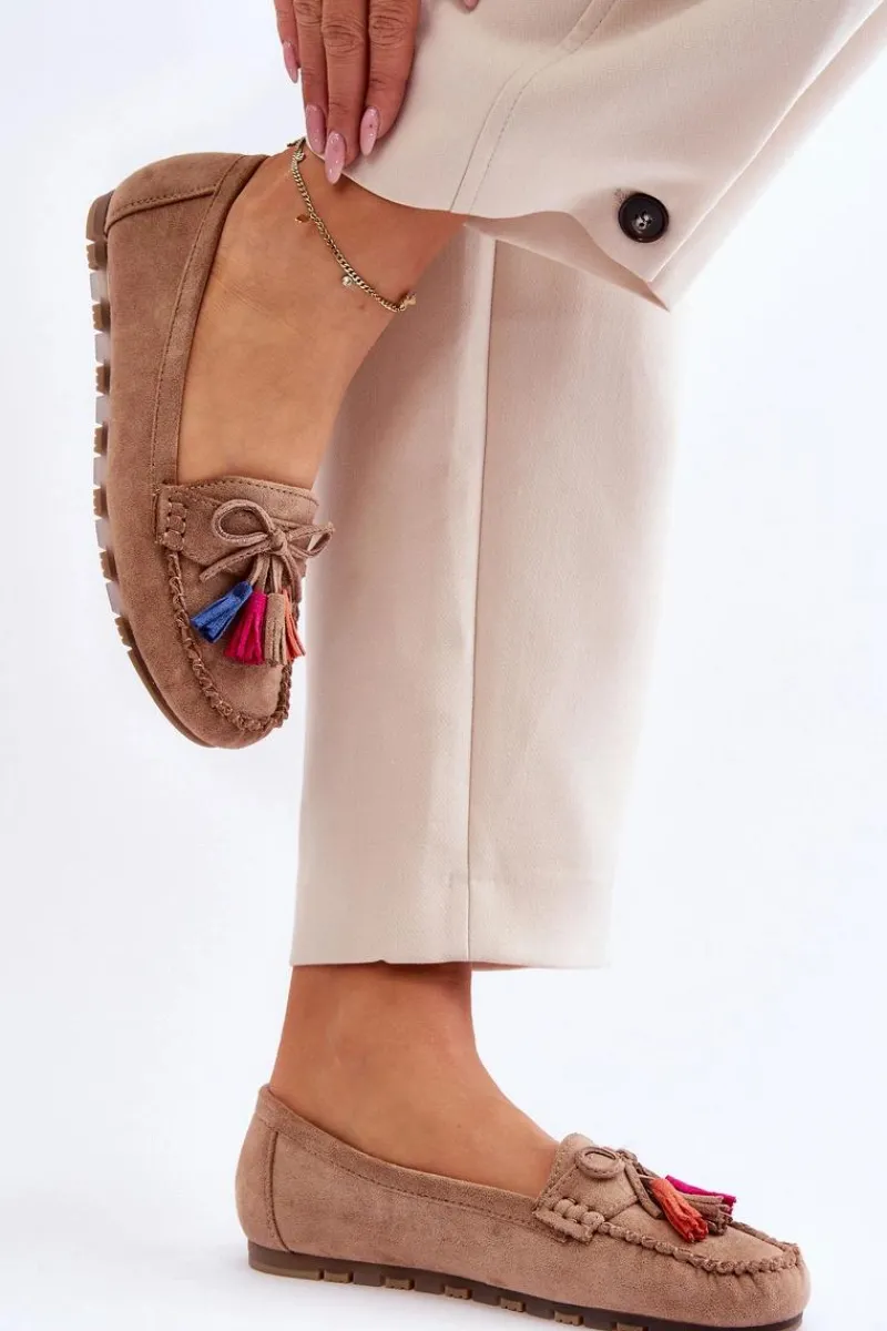 Outlet Boto Zamszowe Mokasyny Z Kokardą I Frędzlami Ciemnobeżowe Dorine Beżowy