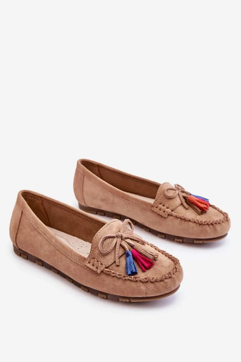 Outlet Boto Zamszowe Mokasyny Z Kokardą I Frędzlami Ciemnobeżowe Dorine Beżowy
