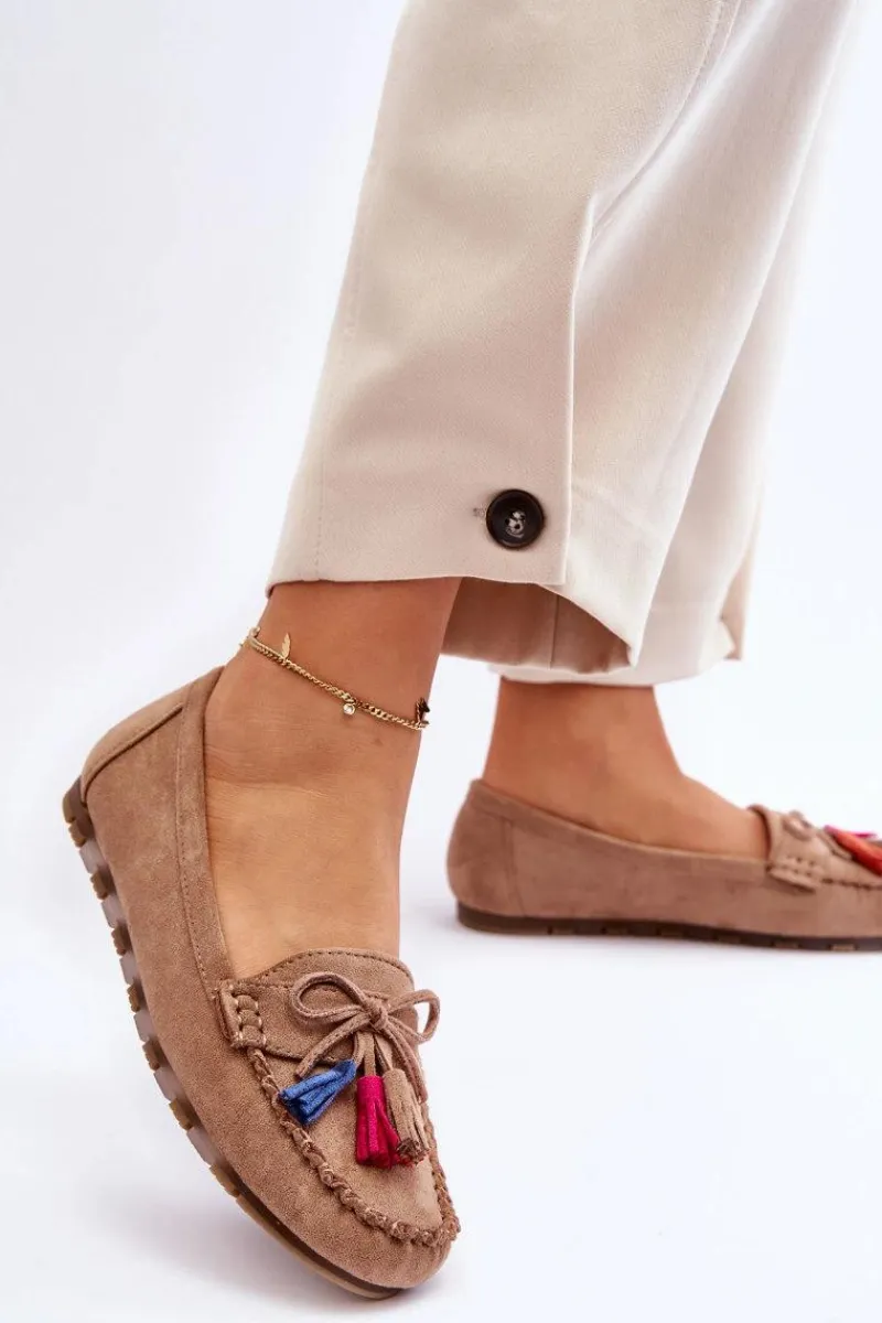 Outlet Boto Zamszowe Mokasyny Z Kokardą I Frędzlami Ciemnobeżowe Dorine Beżowy