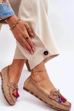 Outlet Boto Zamszowe Mokasyny Z Kokardą I Frędzlami Ciemnobeżowe Dorine Beżowy