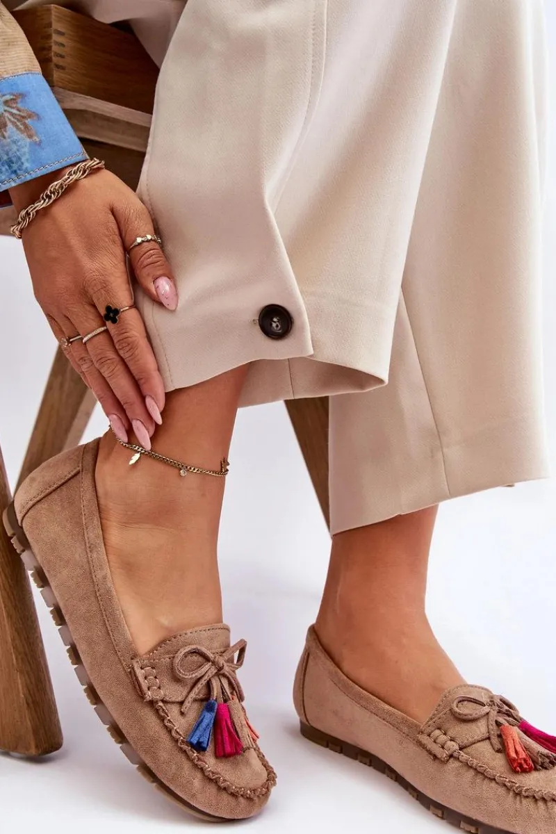 Outlet Boto Zamszowe Mokasyny Z Kokardą I Frędzlami Ciemnobeżowe Dorine Beżowy