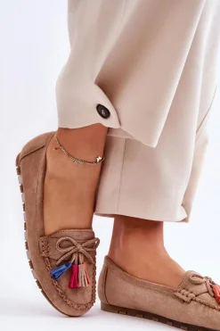 Outlet Boto Zamszowe Mokasyny Z Kokardą I Frędzlami Ciemnobeżowe Dorine Beżowy