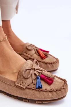 Outlet Boto Zamszowe Mokasyny Z Kokardą I Frędzlami Ciemnobeżowe Dorine Beżowy