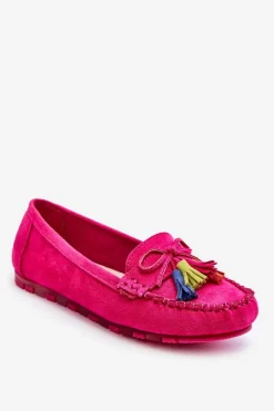 Hot Zamszowe Mokasyny Z Kokardą I Frędzlami Fuksja Dorine Damskie Loafersy Damskie|Mokasyny Damskie Zamszowe