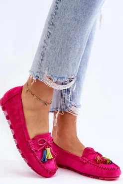 Hot Zamszowe Mokasyny Z Kokardą I Frędzlami Fuksja Dorine Damskie Loafersy Damskie|Mokasyny Damskie Zamszowe
