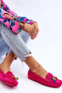 Hot Zamszowe Mokasyny Z Kokardą I Frędzlami Fuksja Dorine Damskie Loafersy Damskie|Mokasyny Damskie Zamszowe