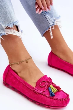 Hot Zamszowe Mokasyny Z Kokardą I Frędzlami Fuksja Dorine Damskie Loafersy Damskie|Mokasyny Damskie Zamszowe