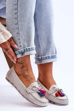 New Boto Zamszowe Mokasyny Z Kokardą I Frędzlami Szare Dorine Szary