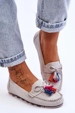 New Boto Zamszowe Mokasyny Z Kokardą I Frędzlami Szare Dorine Szary