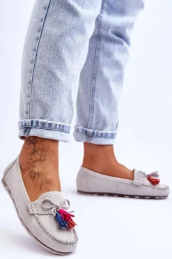 New Boto Zamszowe Mokasyny Z Kokardą I Frędzlami Szare Dorine Szary